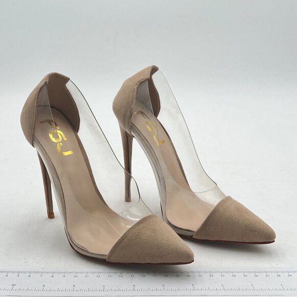 FSJ Beige Suede Stiletto Clear Pumps High Heels Slip On Sandals Party Dress Shoe - Picture 4 of 8